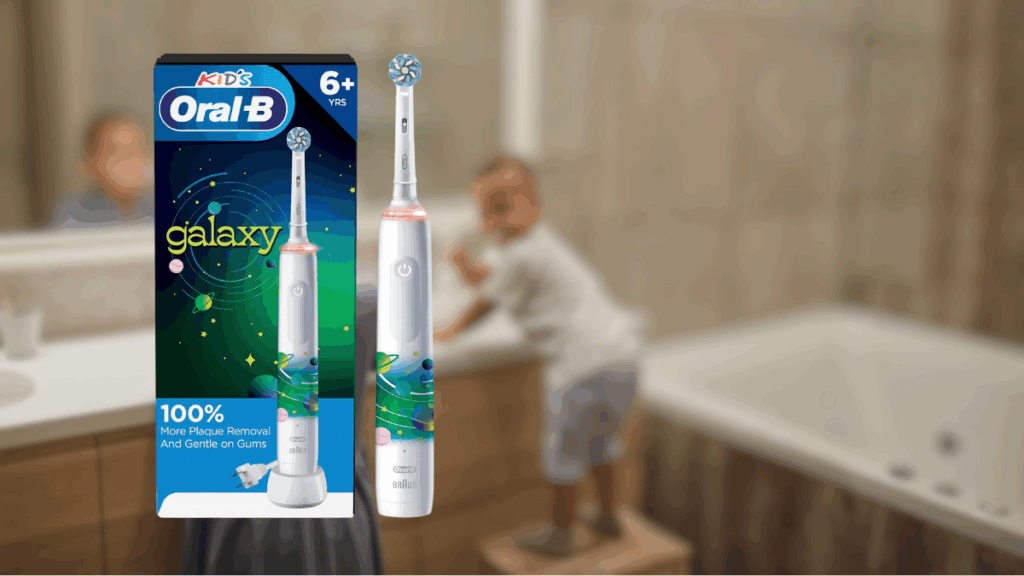 Oral-B Kids Galaxy electric toothbrush for children aged 6+, shown with box and child in background.