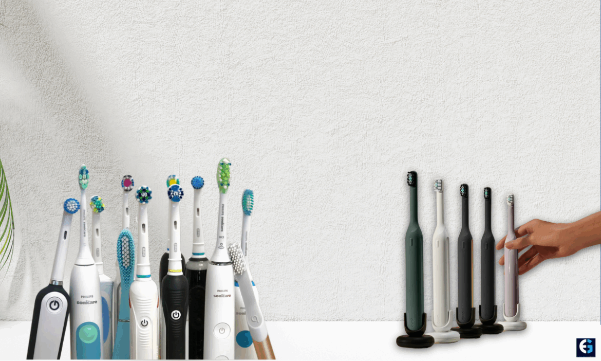Various high-quality electric toothbrushes including Philips Sonicare and Oral-B models displayed with a person holding a featured toothbrush.